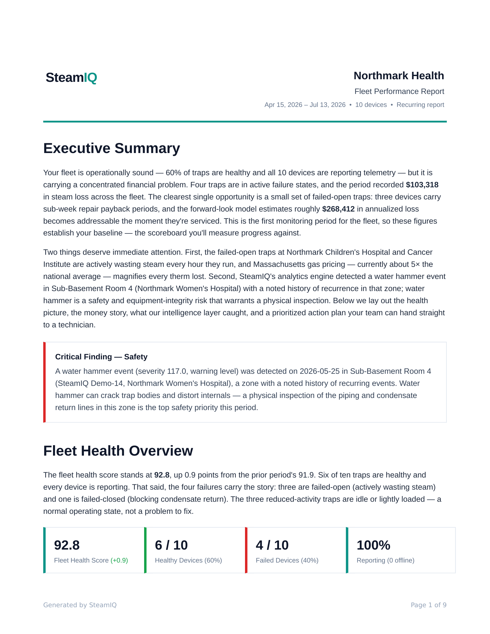 First page of a Fleet Report with an executive summary, safety finding, and fleet health overview